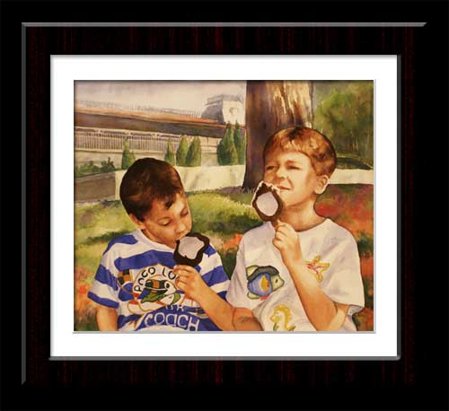 watercolor of two boys eating ice cream at Epcot