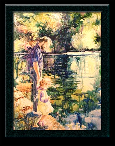 gelled watercolor of dad with young daughter by pond