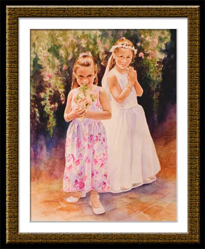 watercolor of two sisters at first communion