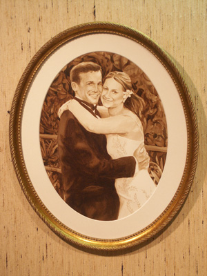 Monochromatic sepia watercolor of bride and groom